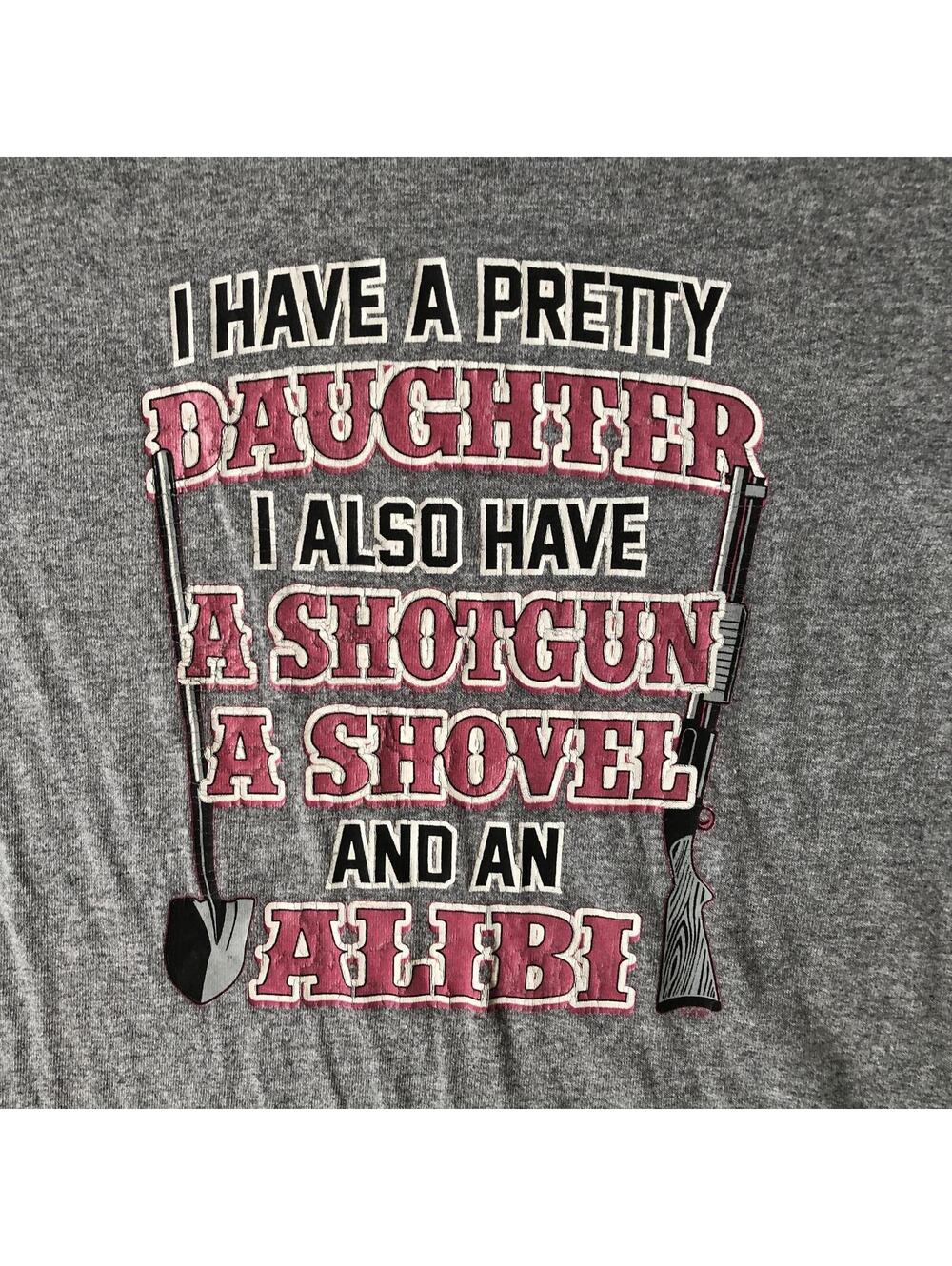 Gray Graphic T-Shirt with Daughter, Shotgun, Shovel, Alibi Print